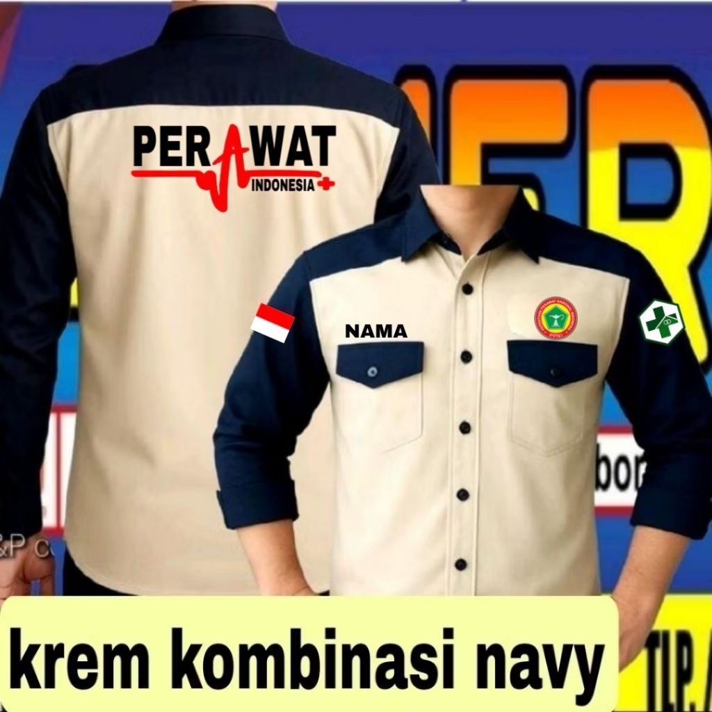 ready krem kombinasi navy Kemeja ppni kemeja baju PPNI seragam PPNI Pdh PPNI kemeja kerja PPNI baju 
