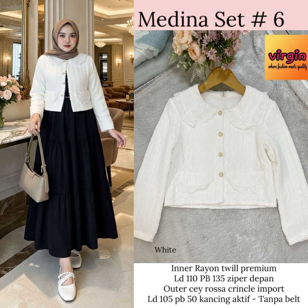 Medina Setelan Gamis Tunik Outer Hijab Muslimah Original VIRGIN Bahan Rayon Twill Premium Crinkle Ce