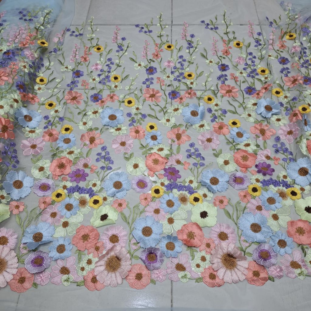 kain tile garden tridy 3D bordir bunga warna-warni // kain tile bunga kembang motif timbul korea