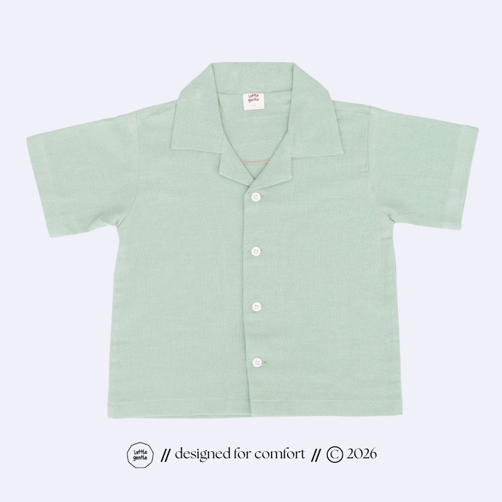 Lettle Gentle - Kemeja Linen Pendek Open Collar Unisex Untuk Anak Laki Laki dan Perempuan Warna Hija