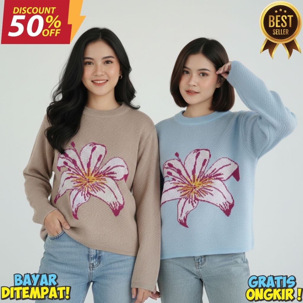 Atasan rajut wanita premium bunga lily, sweater rajut wanita premium bunga lily oversize Korean styl