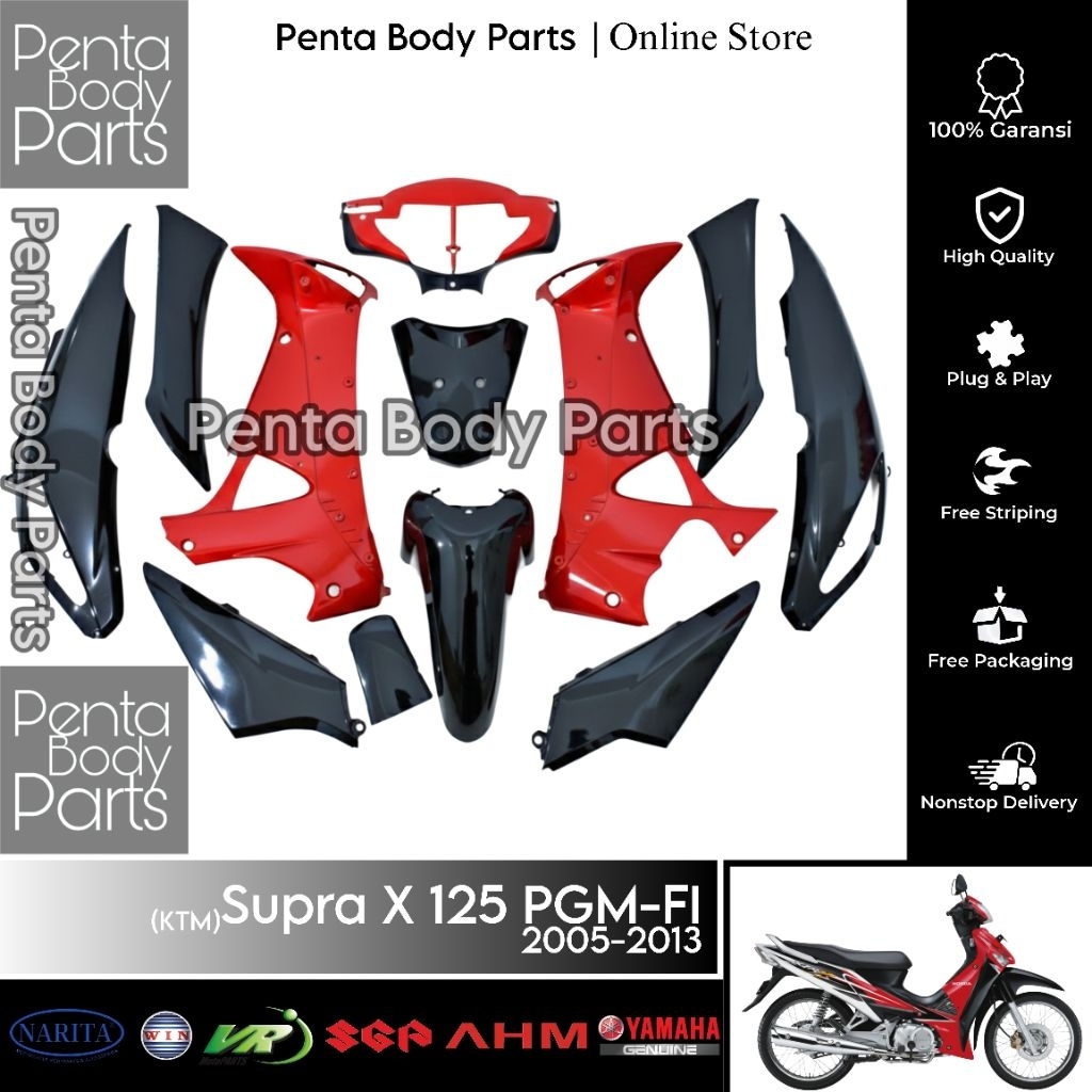 Full Set Cover Body Halus Supra X 125 PGM-FI (KTM) Merah Hitam Putih - Ful Set Bodi Supra X 125 Lama