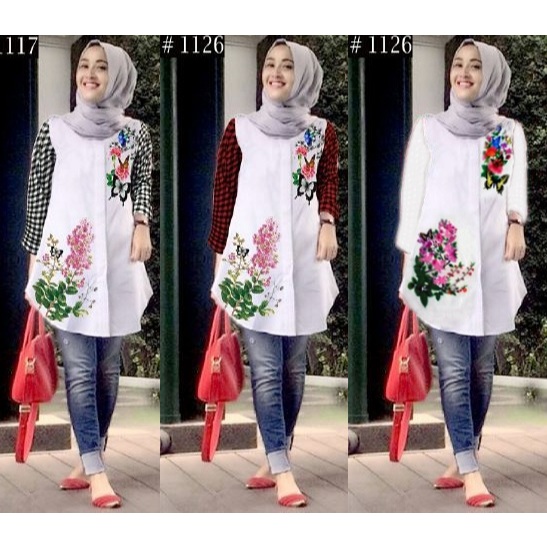 Pakaian Setelan Tunix Selina kotak Variasi Warna Merah/ Hitam/ Putih tunik wanita crepe printing kot