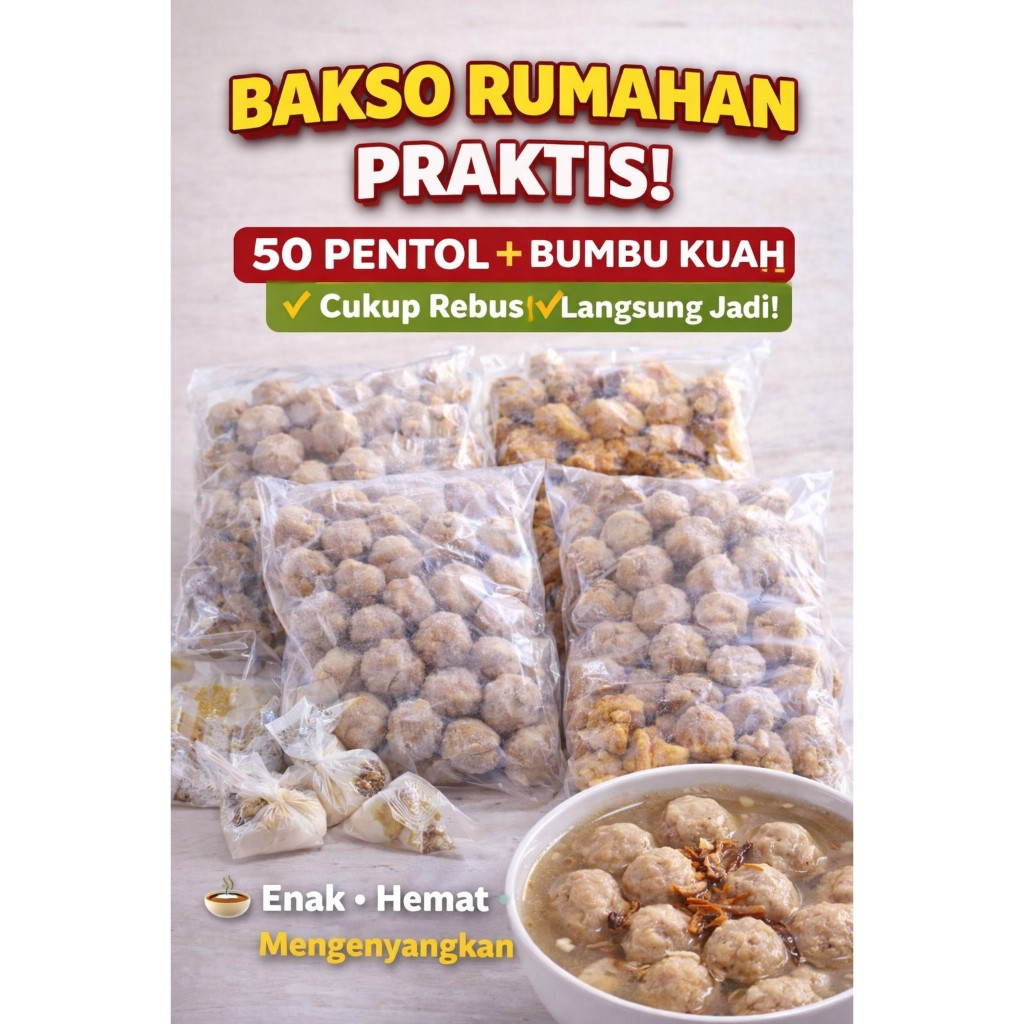 Pentol Bakso Frozen 50 Butir Plus Bumbu Kuah Bakso Siap Masak Kenyal Gurih Cocok Stok Rumah dan Jual
