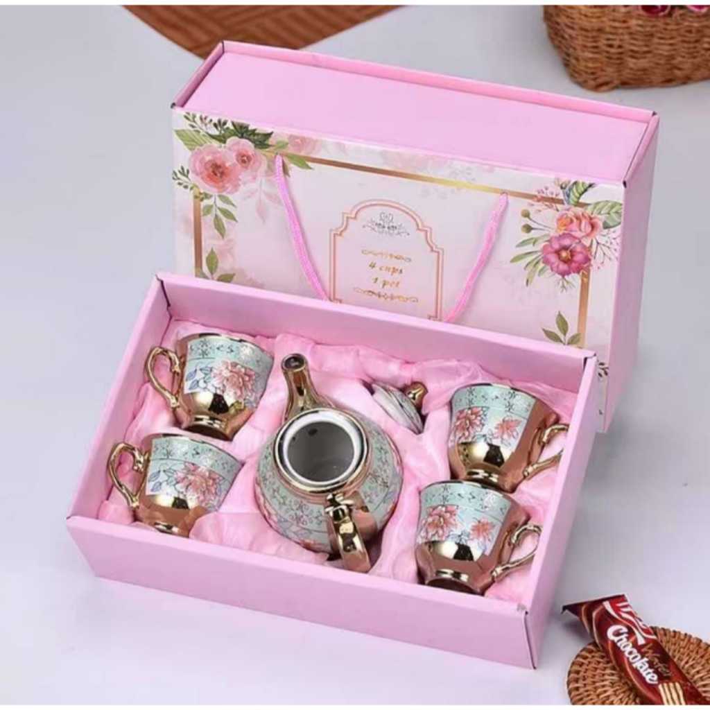 PARCEL LEBARAN CANGKIR KERAMIK ROSE GOLD HAMPERS LEBARAN TEA POT TEA SET