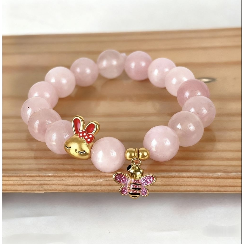 Gelang batu agate rose quartz dengan charm lucu mainan bentuk bee lebah pink kelinci cat Emas 24k ho