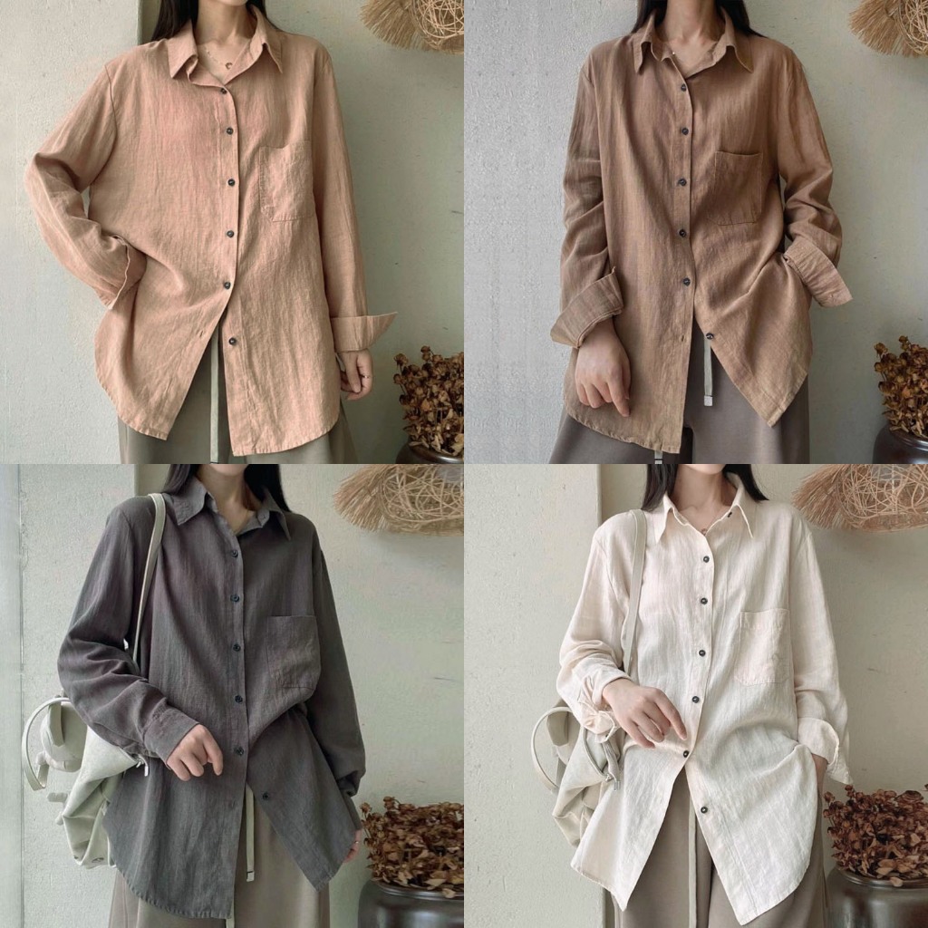 BLUS TUNIK KEMEJA LINEN PREMIUM POLOS KHAKI COKLAT ABU IVORY PUTIH GADING KOREA IMPORT