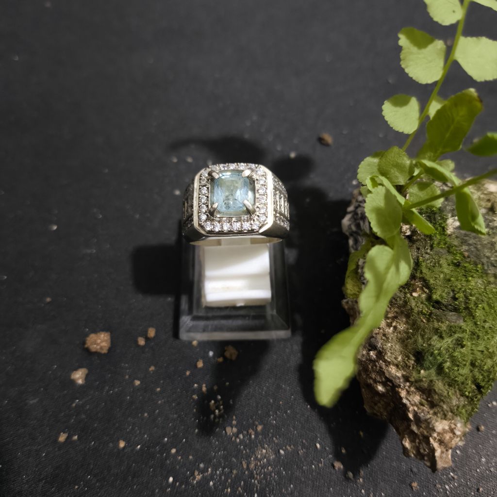 Batu Natural Aquamarine Santa Maria Ring Perak Rare Item