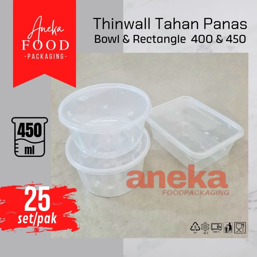 25set- Thinwall 400ml & 450ml wadah plastik RECTANGLE & BOWL REC 400 mangkok kotak persegi tahan pan