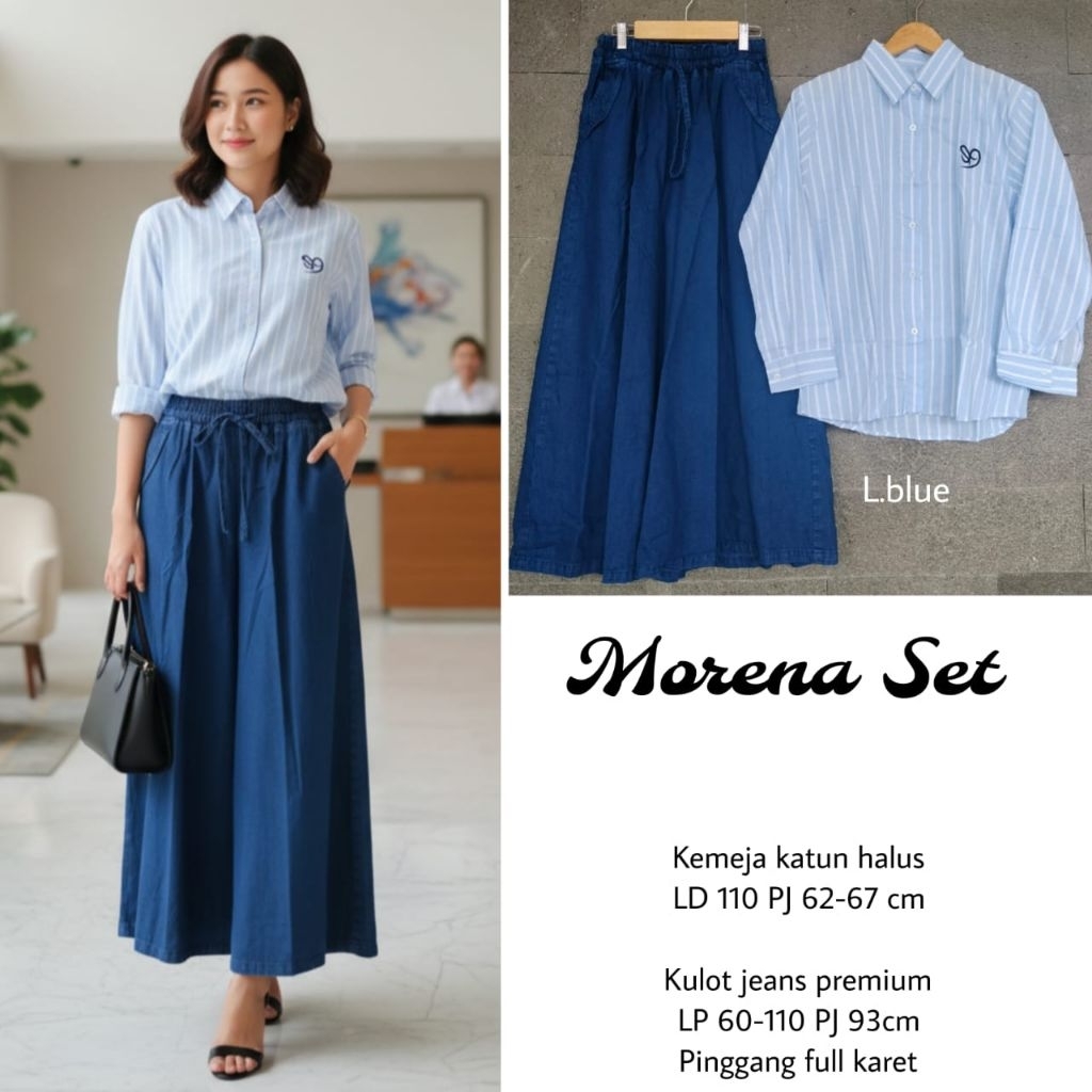 MORENA SETELAN KULOT WANITA BAHAN JEANSWASH DAN KATUN SALUR MUAT BB 65 KG. SETELAN KULOT TUNIK SALUR