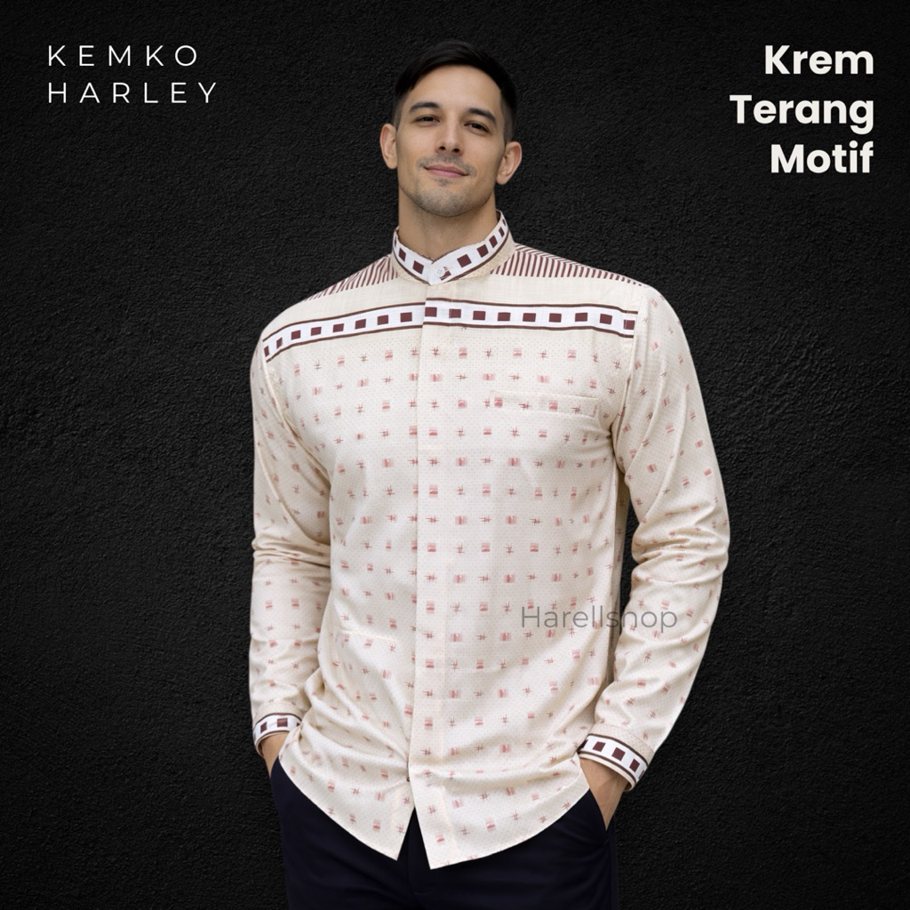 Kemko Harley Pria Lengan Panjang Krem Muda Motif | Baju Koko Modern Motif Maroon | Katun Adem Premiu
