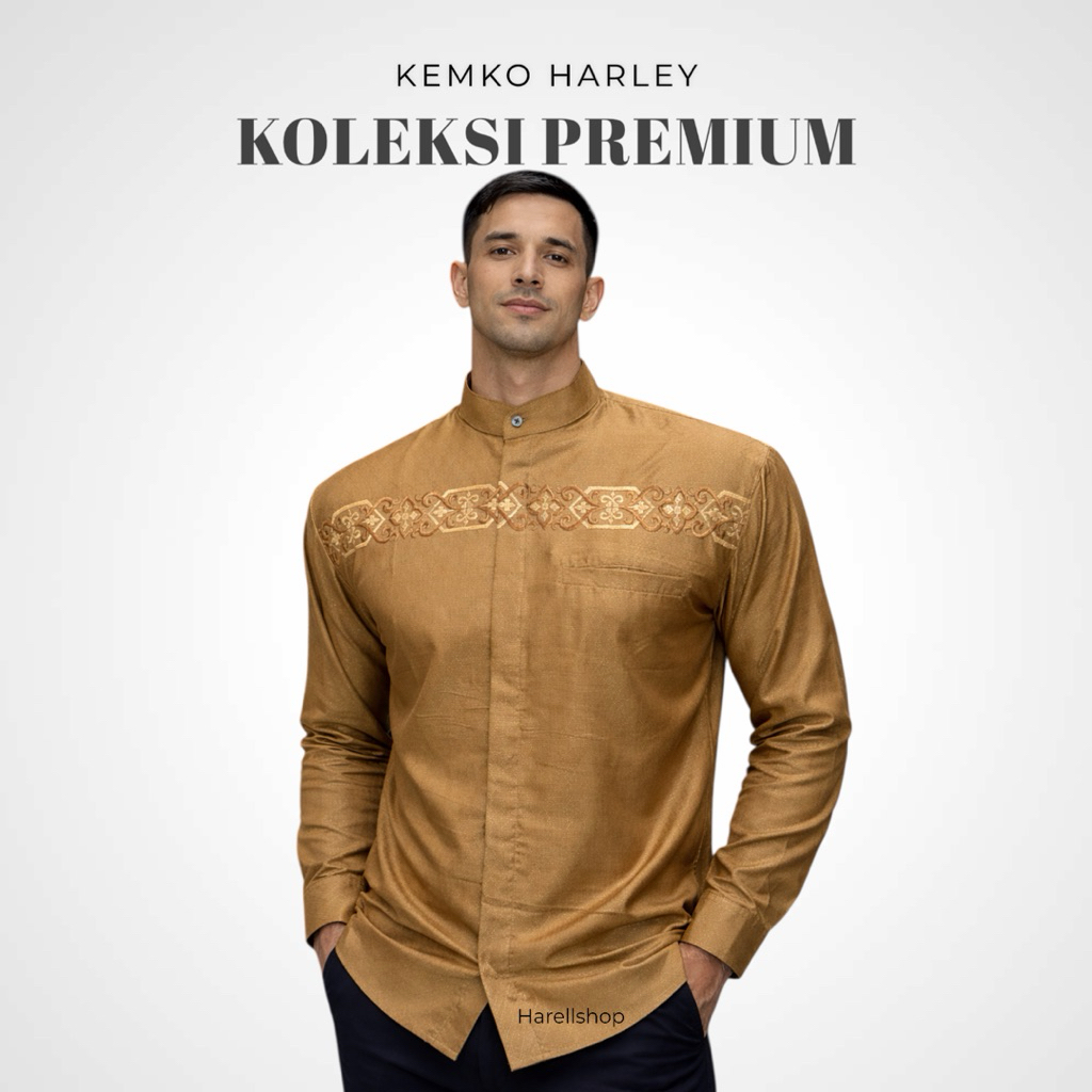 Kemko Harley Pria Lengan Panjang Coklat Gold | Koko Modern Bordir Premium | Bahan Elegant Shimmer