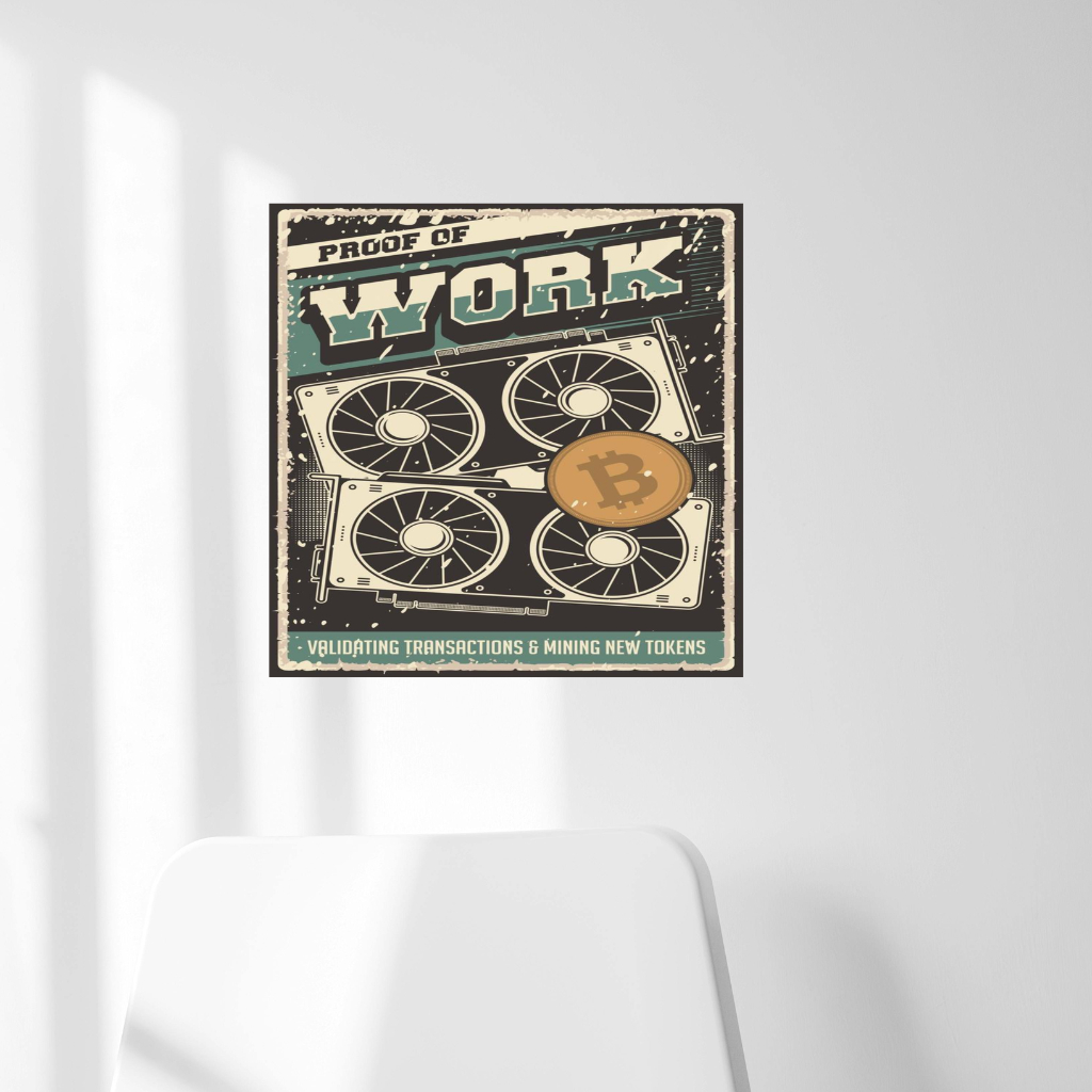 Poster Kayu Bitcoin Proof of Work - Hiasan Dinding Mining Rig Retro Art
