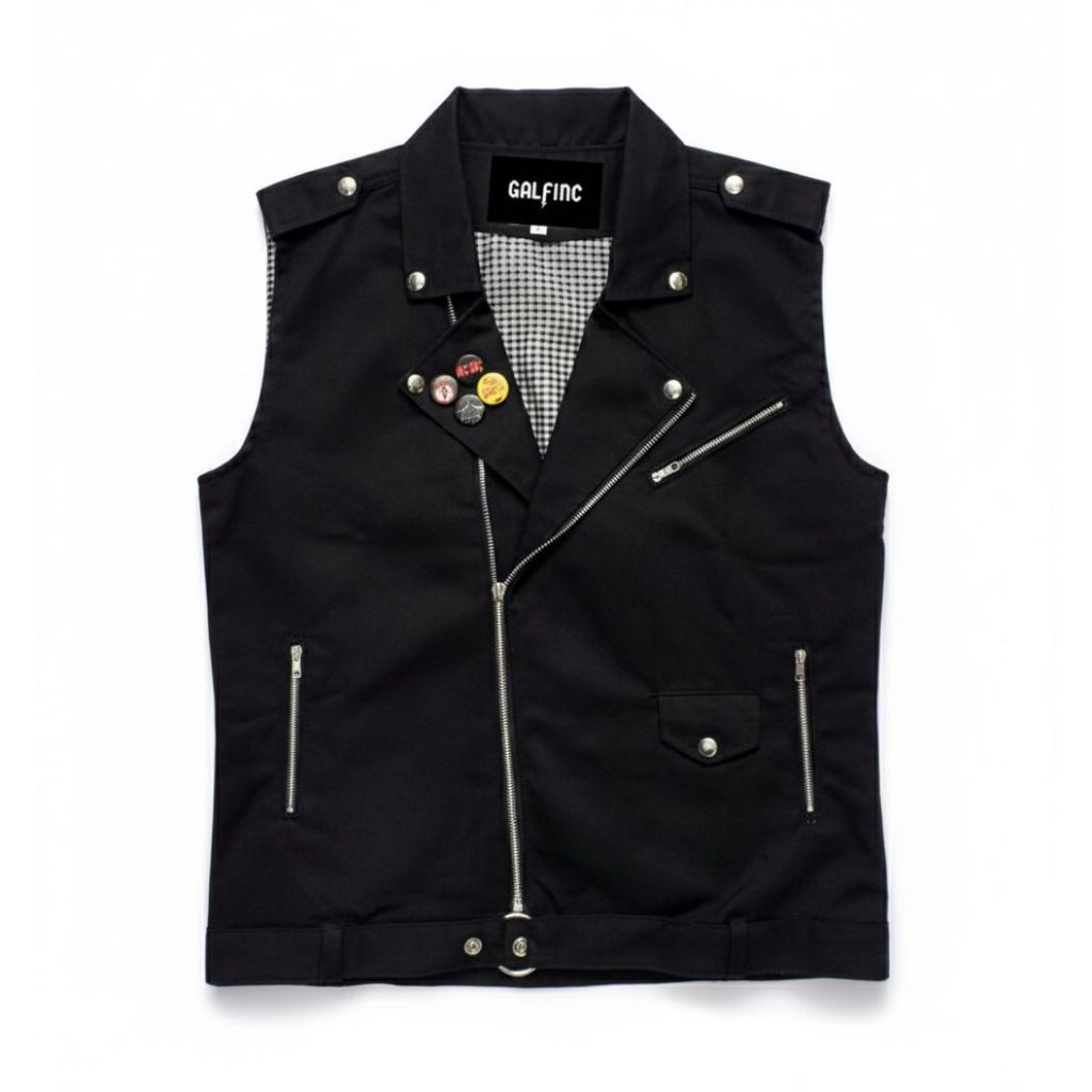 Galfinc Jaket Collar Biker Denim / Vest Biker Denim Black / Double Kerah