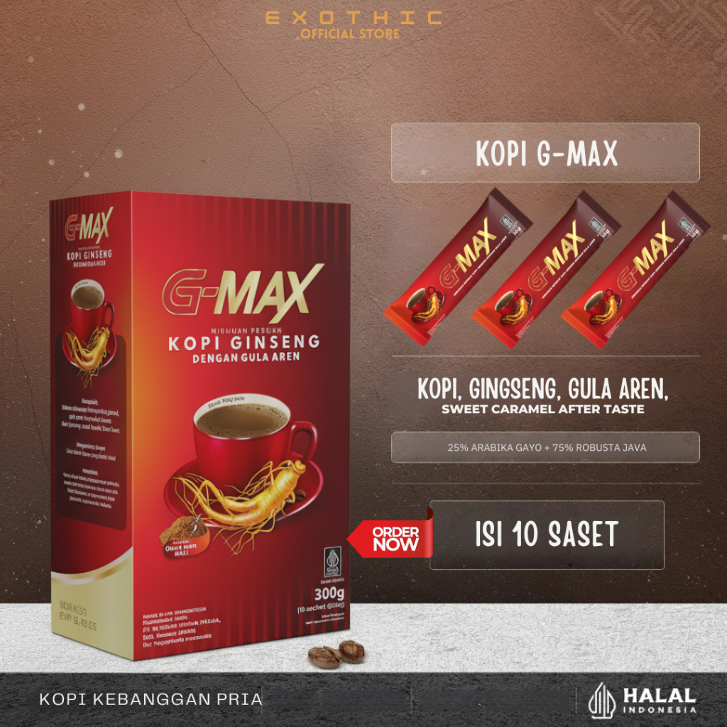 KOPI GMAX Minuman Stamina Alami Kuat Tahan Lama Extrak Gingseng Gula Aren 1 box 10 sachet