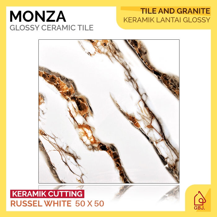 KERAMIK MONZA 50 X 50 RUSSEL WHITE GLOSSY CUTTING / KERAMIK LANTAI MOTIF MARMER GLOSSY