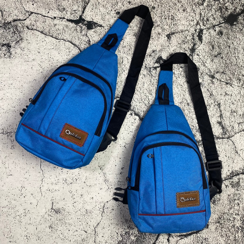 Tas Slempang Quicker Pria Tas Sling Bag Quicker 60005 Biru Simple Dengan 3 Kantog Reseleting