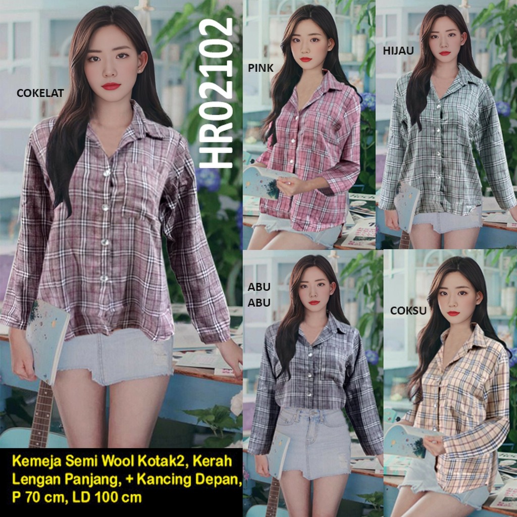 HR02102 Atasan kemeja semi wool Kotak-kotak lengan panjang kancing depan