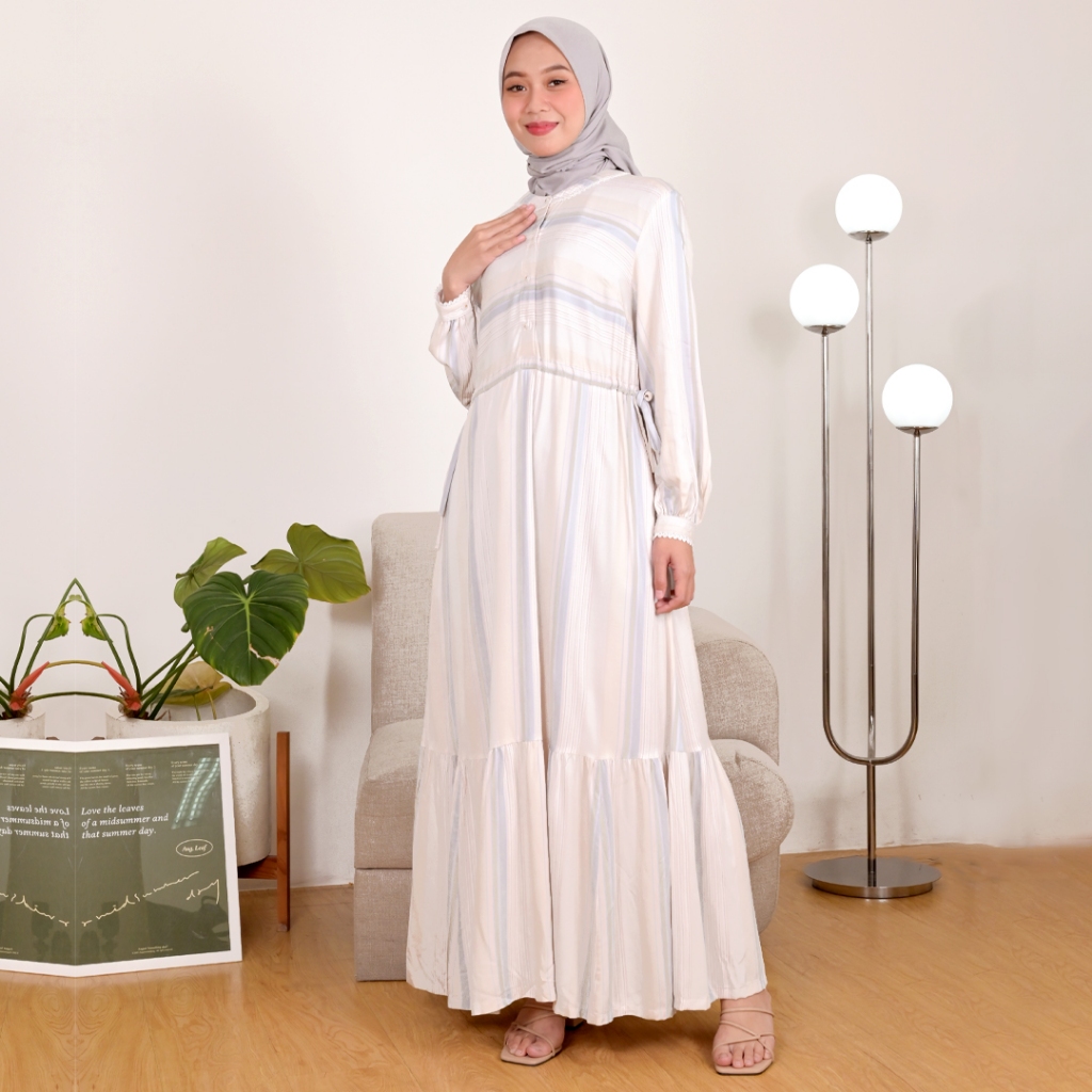 Novel Mice | Gamis Wanita Rayon Twill Salur Zahra Blue | Dress Wanita Lengan Panjang Motif Garis