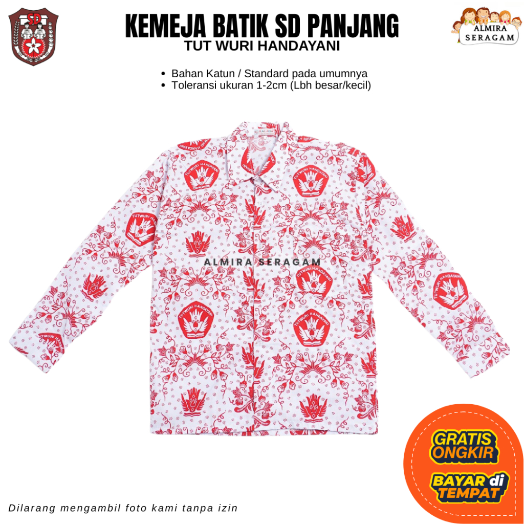 Baju Kemeja Batik Tut Wuri Handayani Merah Seragam Sekolah SD Lengan PANJANG