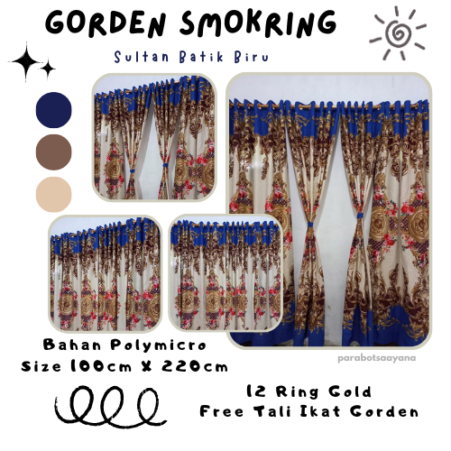 Gorden Smokring – Hordeng 12 Ring Motif [Sultan Batik Biru] 6 Gelombang – Gorden Lubang / Halus Lemb