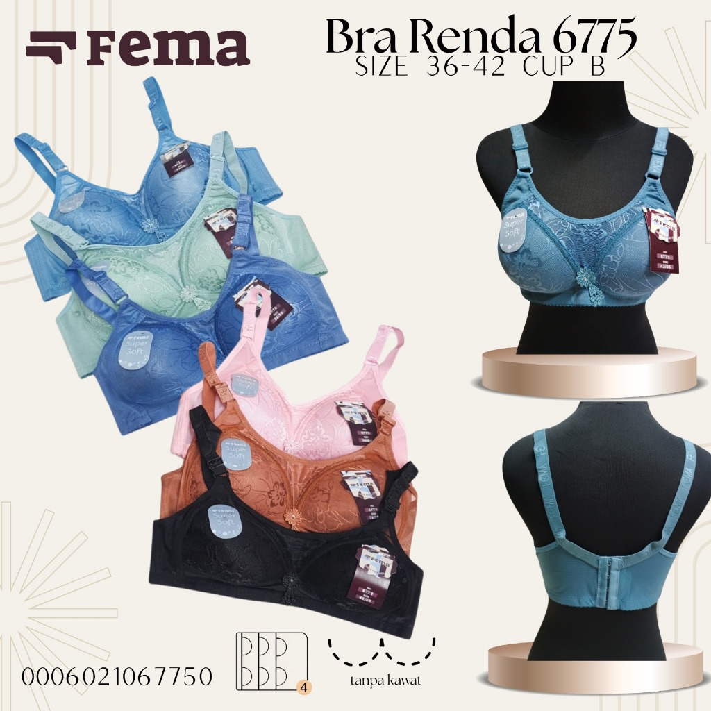 Bra Fema 6775 uk 36-42 Cup B Tanpa Kawat Busa Tipis Kait 4