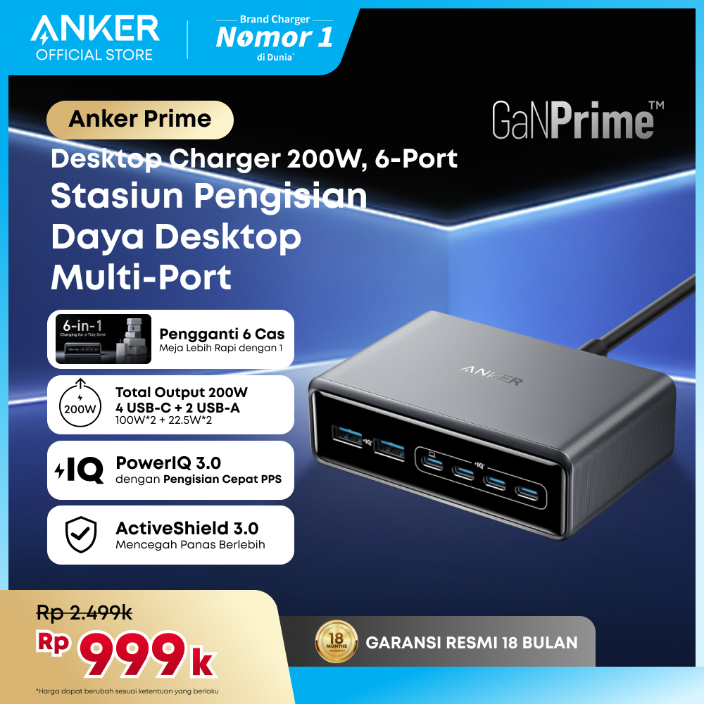 Anker Prime Charger 200W 6 Port GaN Charging Station USB C PD Fast Charging desktop Charger, Compati