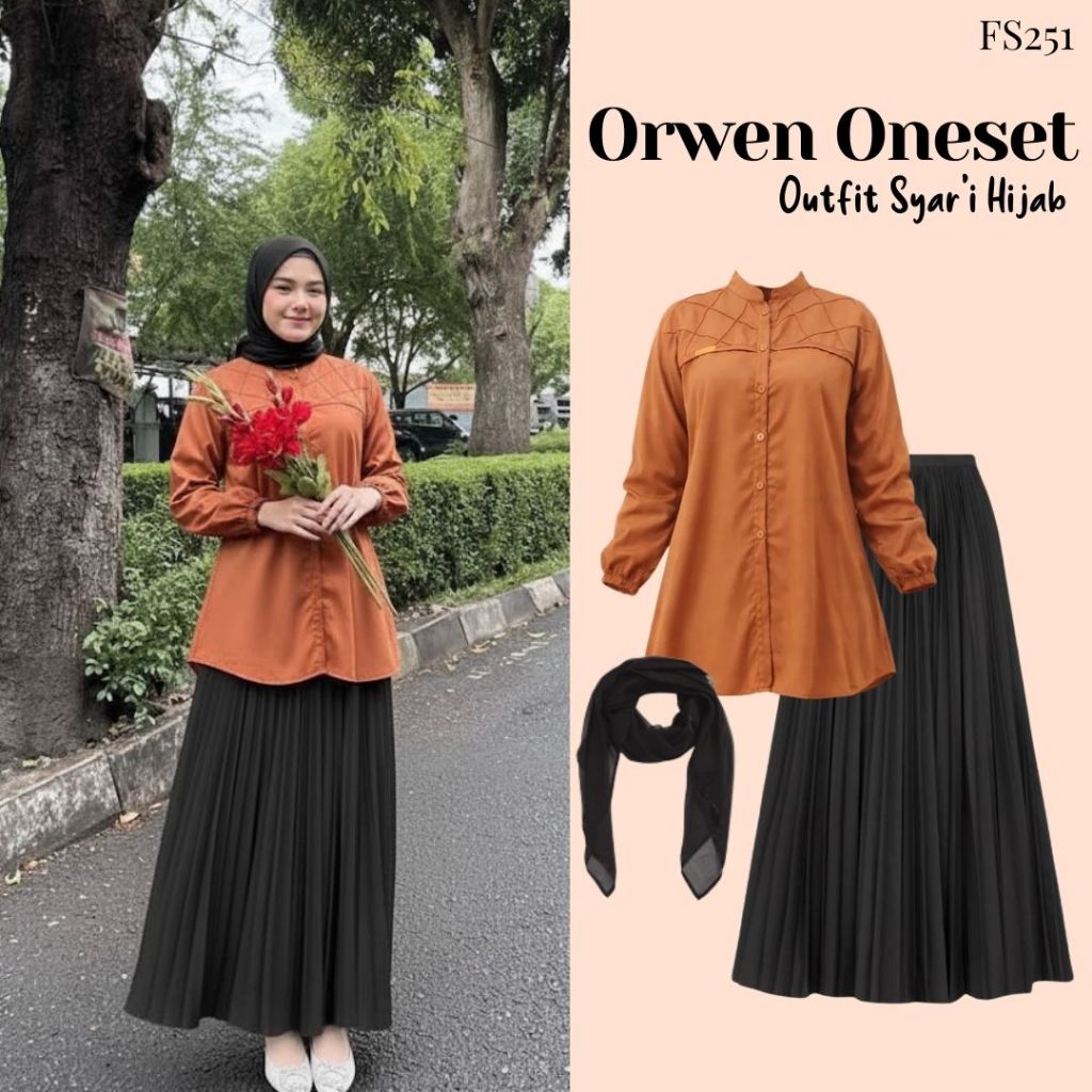 Orwen One Set (Blouse Kemeja, Rok Plisket, Hijab) Setelan OOTD Wanita Syar'i Modis & Kekinian Terbar