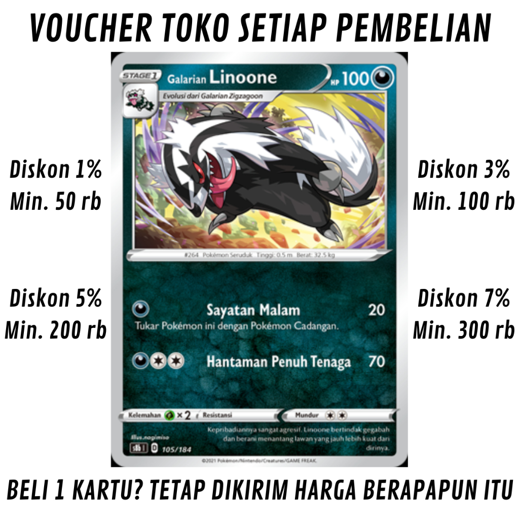 [276] Kartu Pokémon TCG Bahasa Indonesia KONDISI NM (NEAR MINT) Galarian Linoone High Class Booster 