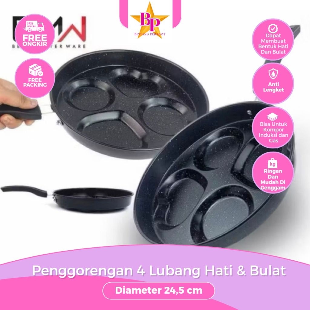 Panci Wajan Penggorengan Hati dan Bulat Telur Pancake 4 Lubang Nonstick/ Wajan Teflon Telur Anti Len