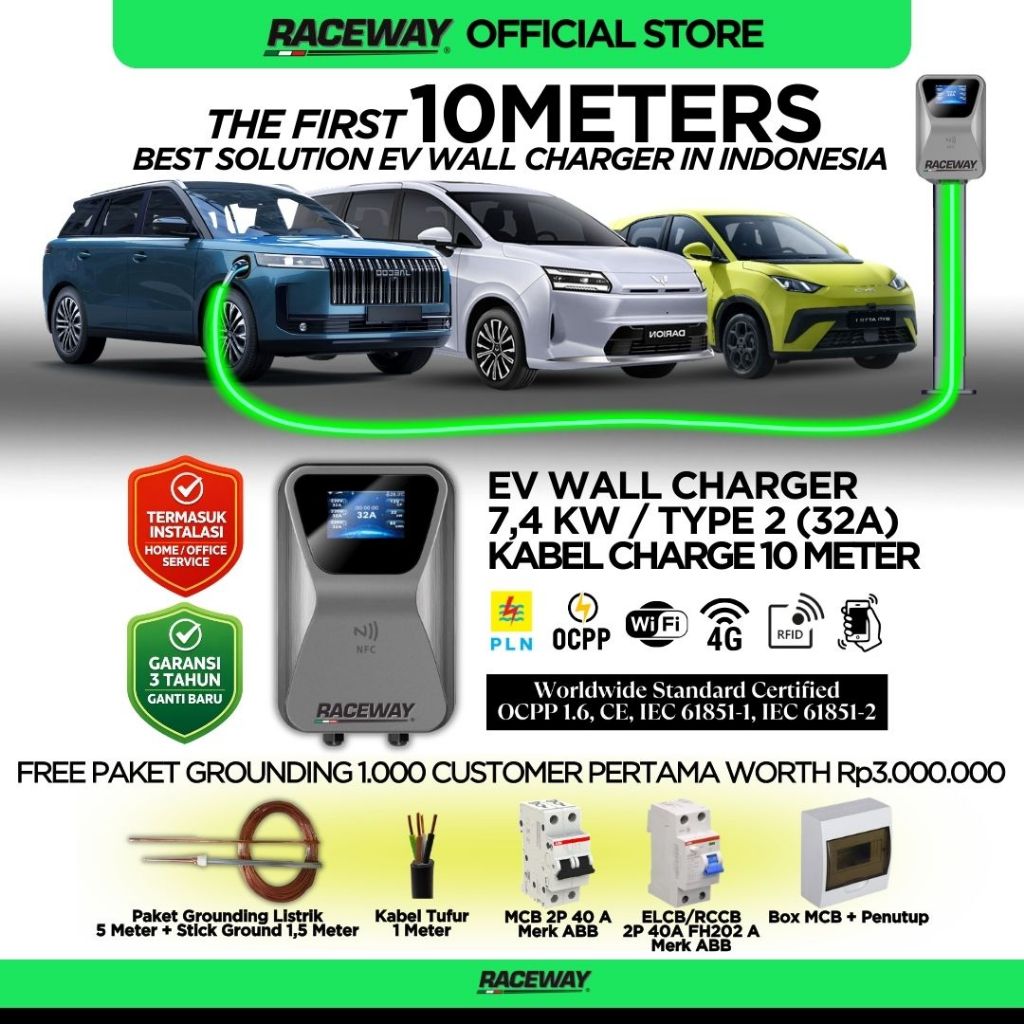 RACEWAY 10 Meter Wall Charger Mobil Listrik EV 7kW Free Instalasi Garansi 3 Tahun OCPP PLN
