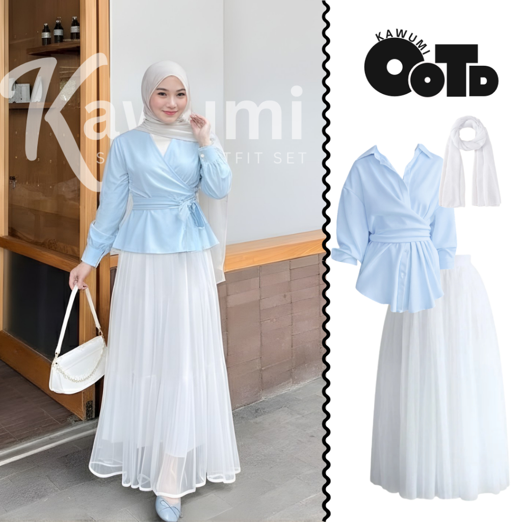 Kawumi Outfit Kumpul Keluarga Simple Elegan Remaja Wanita Kekinian 3in1 Set(Kemeja Ikat,Rok Tutu,Pas