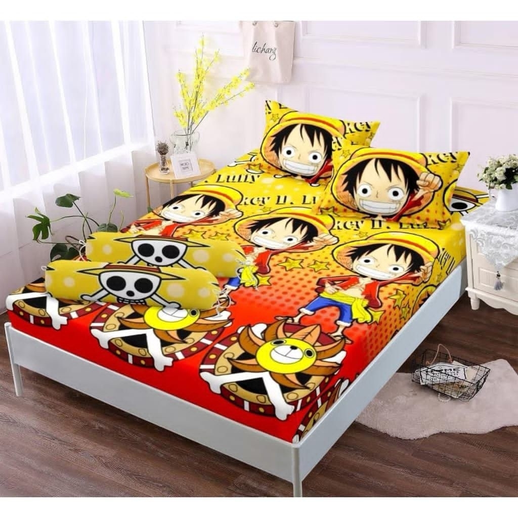 SPREI KARET KATUN PREMIUM 90/100/120/140/160/180/200  Motif anime One piece yellow luffy