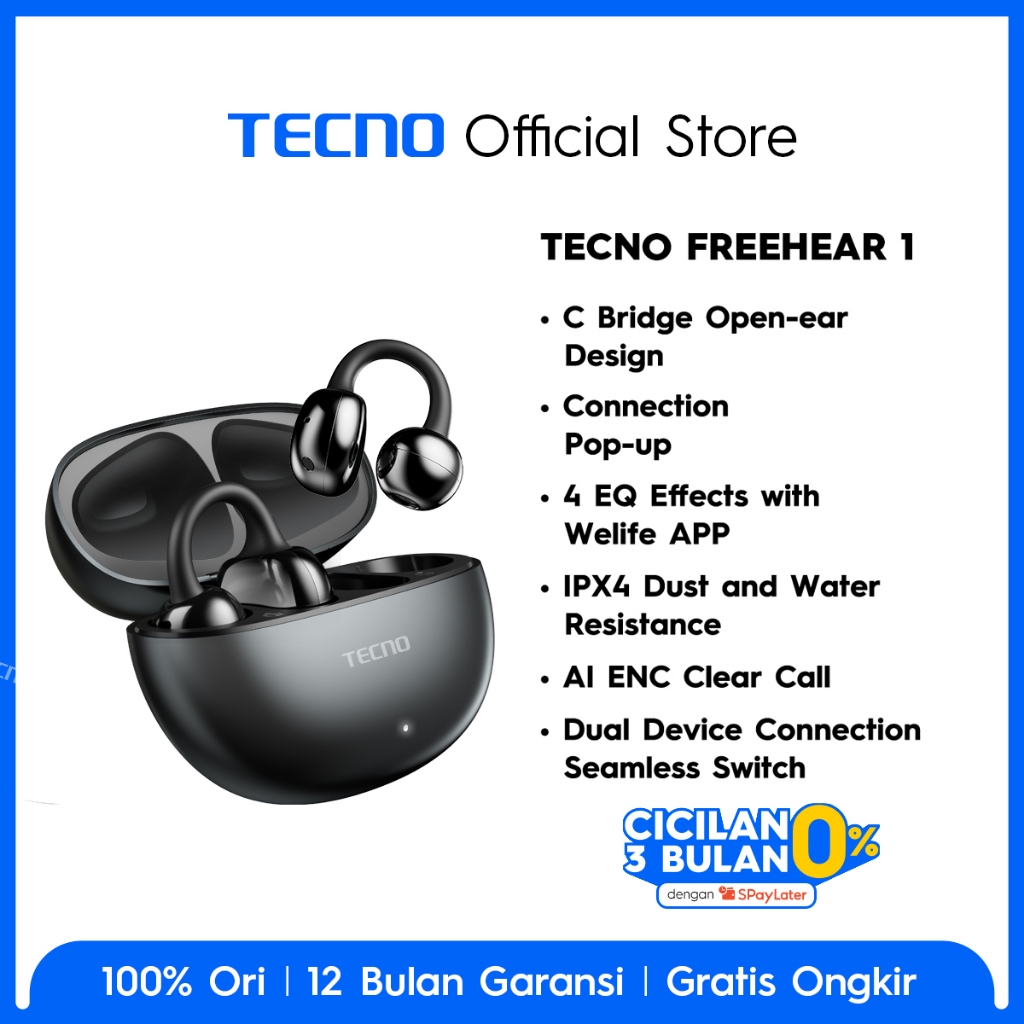TECNO TWS FreeHear 1 - C Bridge Design, Auto Connection Pop-up, Multi-EQ Effects with Welife APP, AI ENC Clear Call, Dual Device Connection Seamless Switch, IPX4, Garansi 12 Bulan