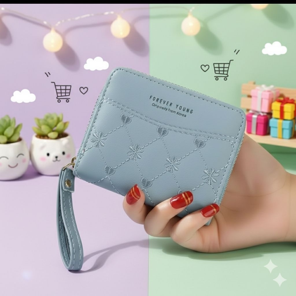 Dompet Wanita Kecil Forever Young Zipper - Dompet Kartu & Koin Motif Bordir Bunga Love - Bahan Kulit