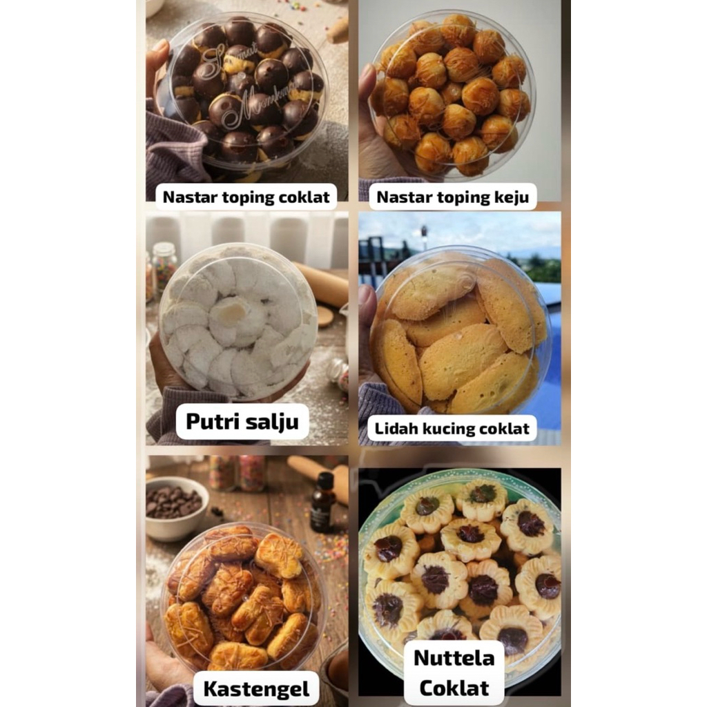 Kuker Kue kering nastar keju,nastar coklat,castengel,bunga coklat nuttela,putri salju,lidah kucing c