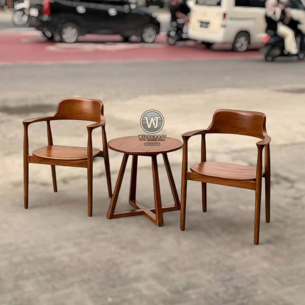Set Teras Kursi Hiroshima Kayu Jati Meja Bundar - Set Kursi Teras 2 Kursi 1 Meja - Meja Kopi Minimal