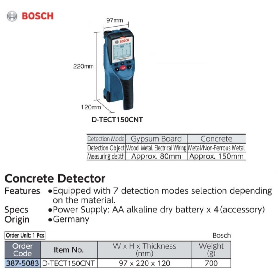 Bosch Substrate Detector, Concrete Detector Wall Scanner D-TECT150CNT