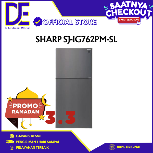 SHARP Kulkas 2 Pintu SJ-IG762PM-SL Kapasitas 570 Liter Hybrid Cooling Plasmacluster SJ IG762PM SL