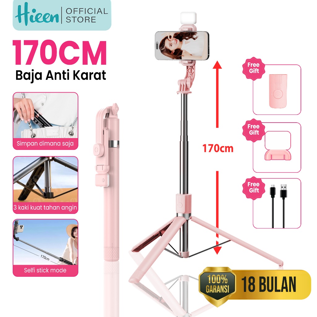 Hieen Tripod TP18 Remote Control Bluetooth 170cm Dengan Lampu Kecantikan 3 Kaki Kokoh Multifungsi