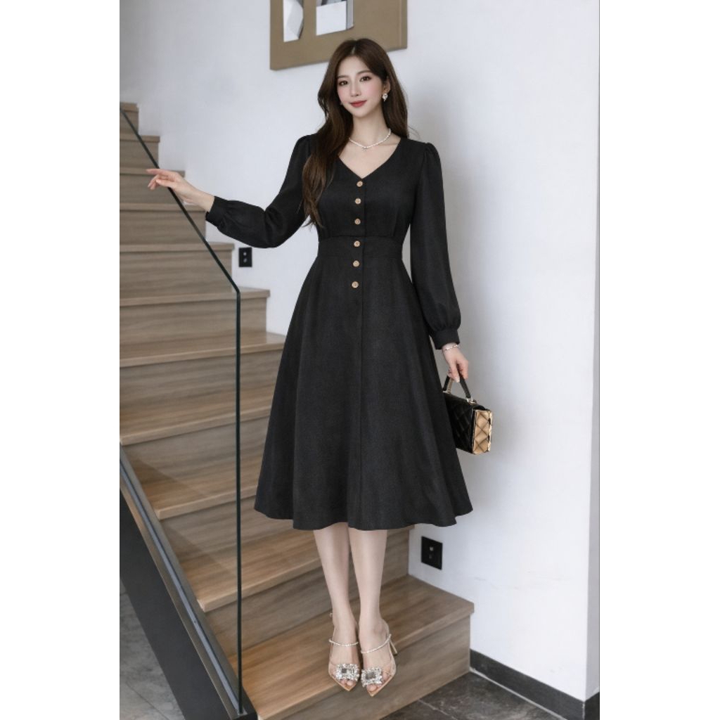 Dress Hitam / dress korea / terbaru / dres wanita / kancing hidup / elegant / korea