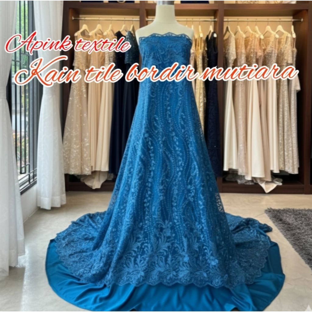 Kain Tile mutiara Bordir tebal/ Tile Bordir Pinggiran mutiara / Bahan kebaya bridesmaid meteran