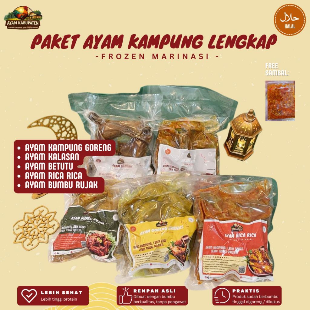 Paket Lengkap 5 Ekor Ayam Kampung | Ayam Kampung Goreng, Kalasan, Betutu, Rica Rica, Bumbu Rujak | F