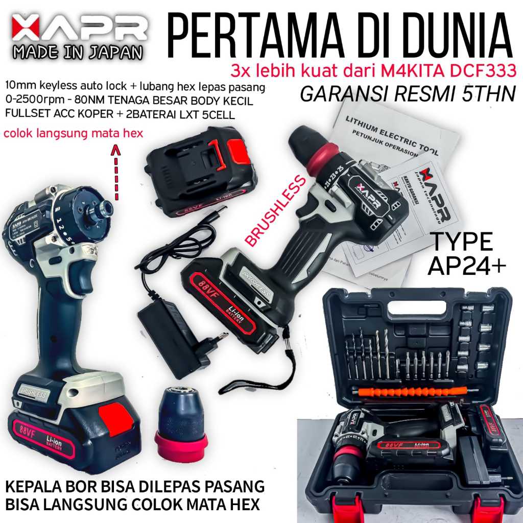 Bor Cordless APR AP24+ Brushless 88Vf LXT Bor Baterai Serbaguna Auto Lock