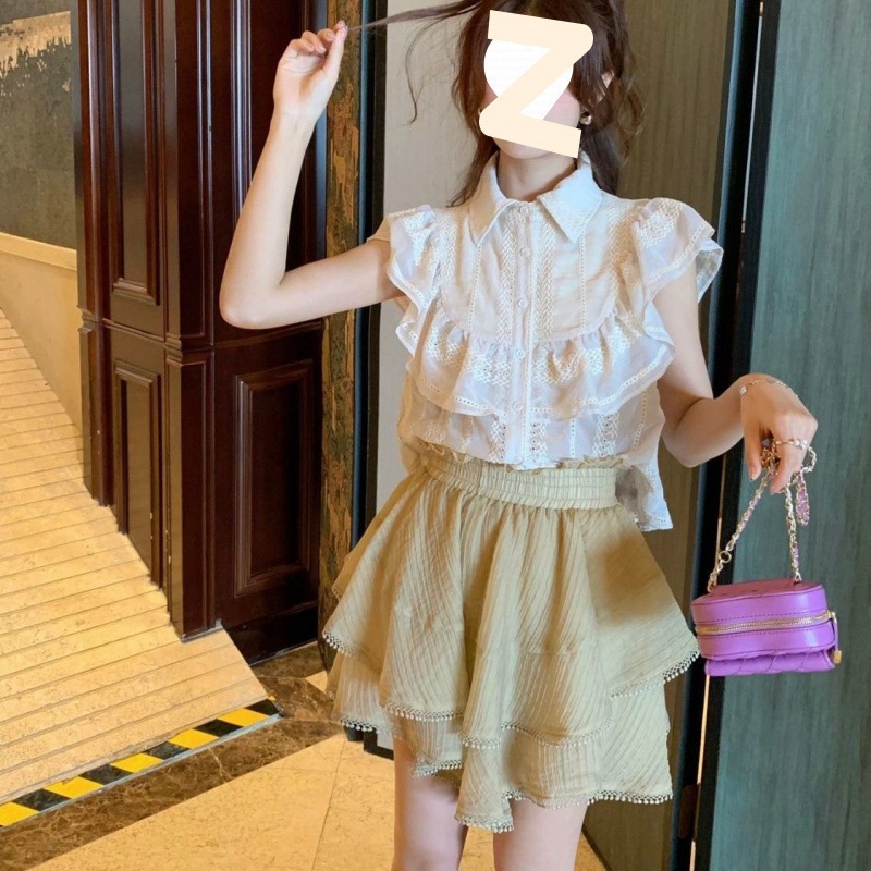 Setelan Wanita Blouse Celebrity Drama Ruffle Putih + Rok Mini High Waist Import Korean Style | Set O