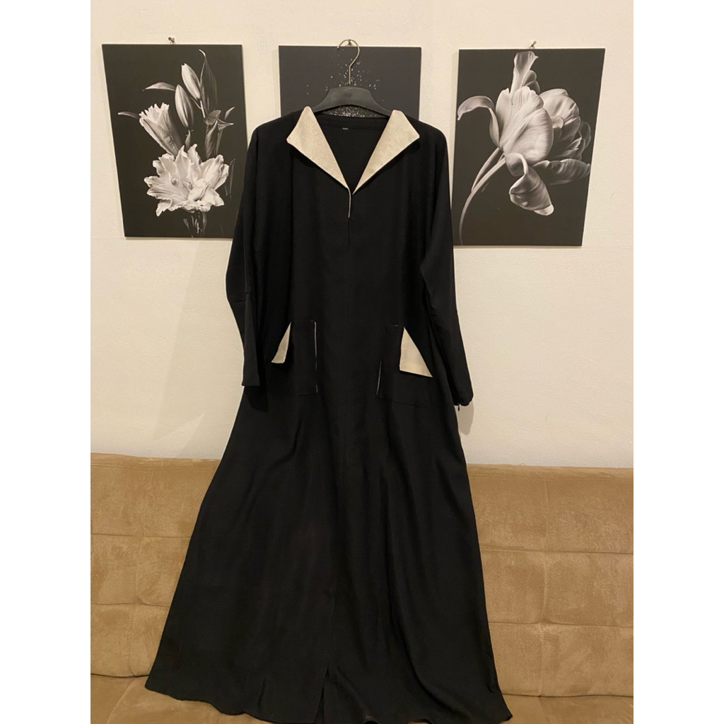 preloved abaya black kombinasi putih