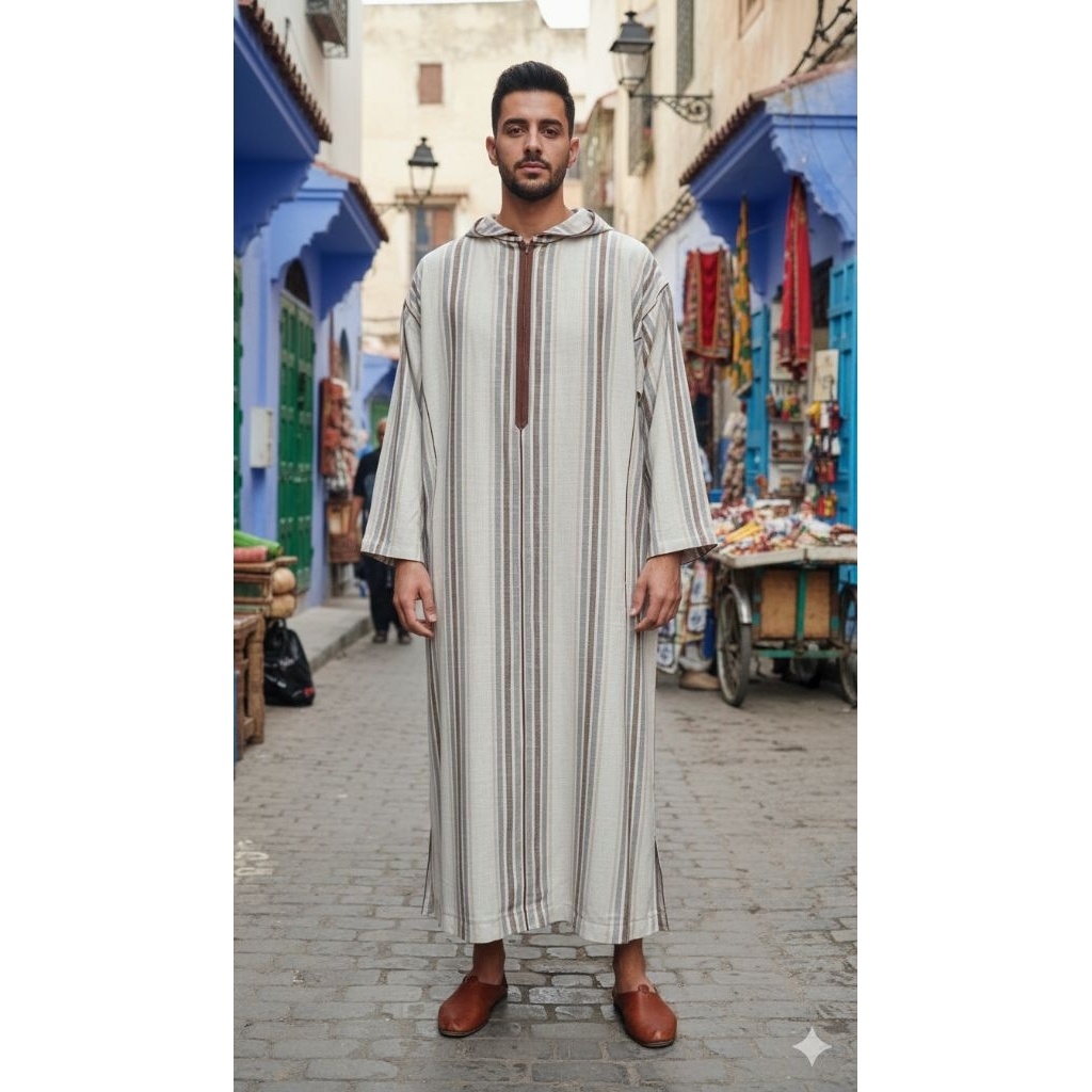 Djellaba.id Gamis Umroh Baju Muslim Jubah Sholat Hoodie Jalabah Kapucong Maroko Pria Katun Krem Salu