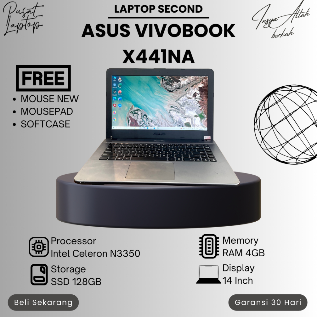 LAPTOP ASUS VIVOBOOK X441NA SECOND | INTEL CELERON N3350 | RAM 4GB | SSD 128GB | NORMAL | BERGARANSI
