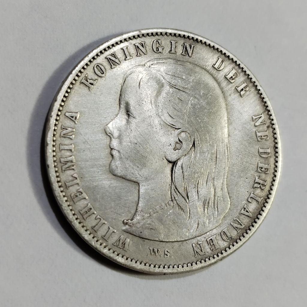 koin Silver 1 Gulden wilhelmina long hair 1892