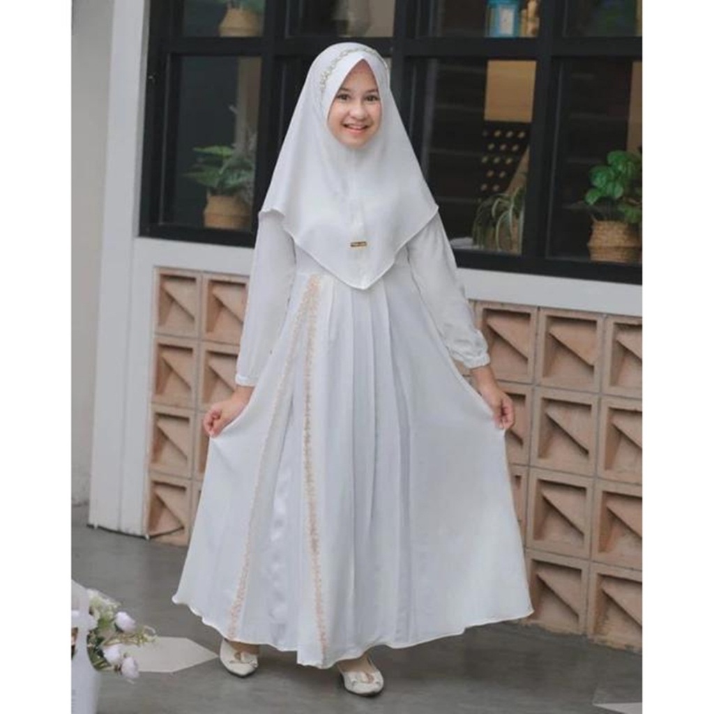 Gamis putih anak perempuan set hijab kombinasi renda/gamis anak/gamis anak perempuan/gamis
